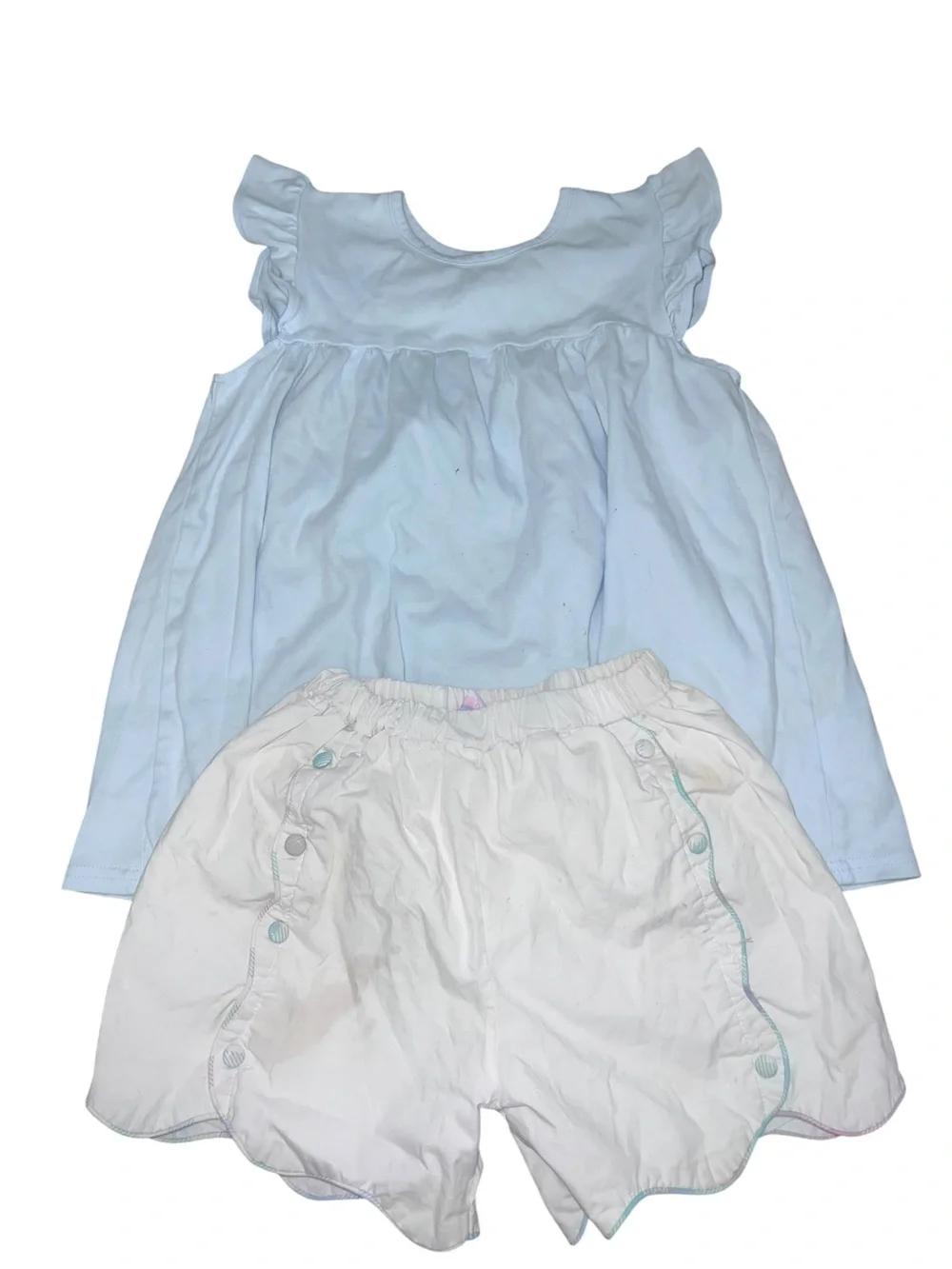 Stitchy Fish Light Blue Top and White Scallop Shorts Set
